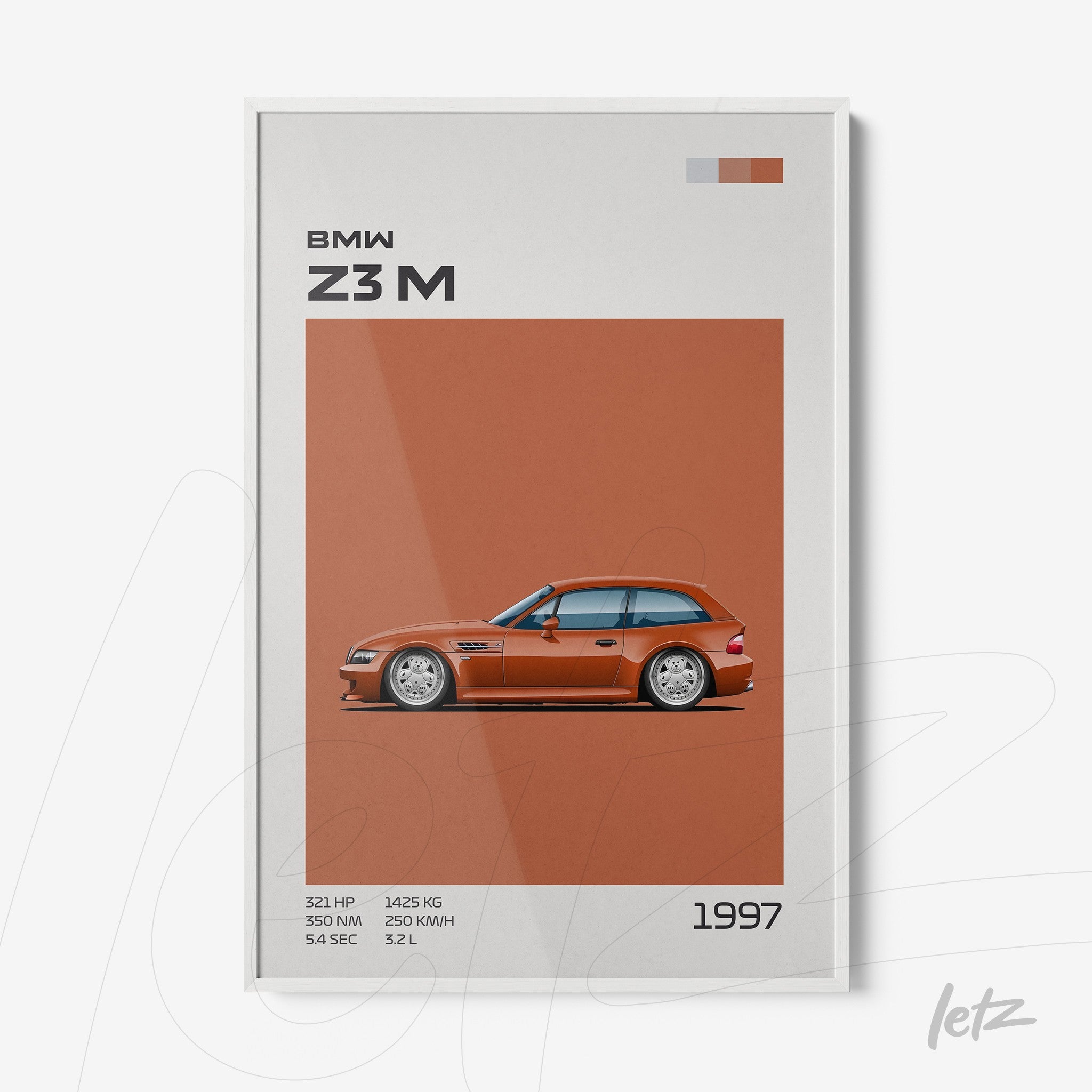 quadro com arte digital do carro BMW Z3M em fundo laranja e moldura branca