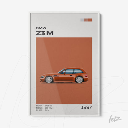 quadro com arte digital do carro BMW Z3M em fundo laranja e moldura branca