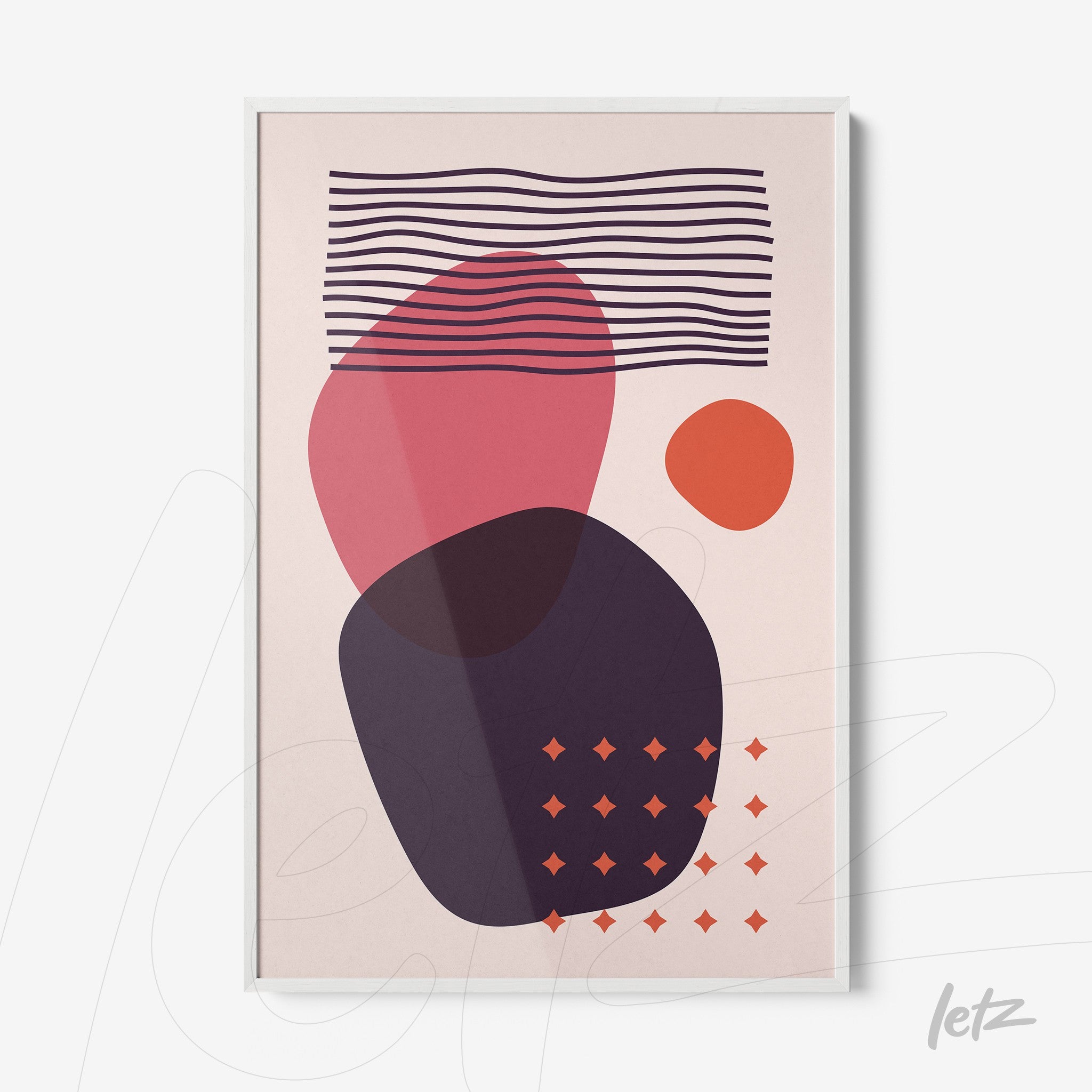 arte abstrata com formas geométricas e linhas sobre fundo bege, emoldurada em branco