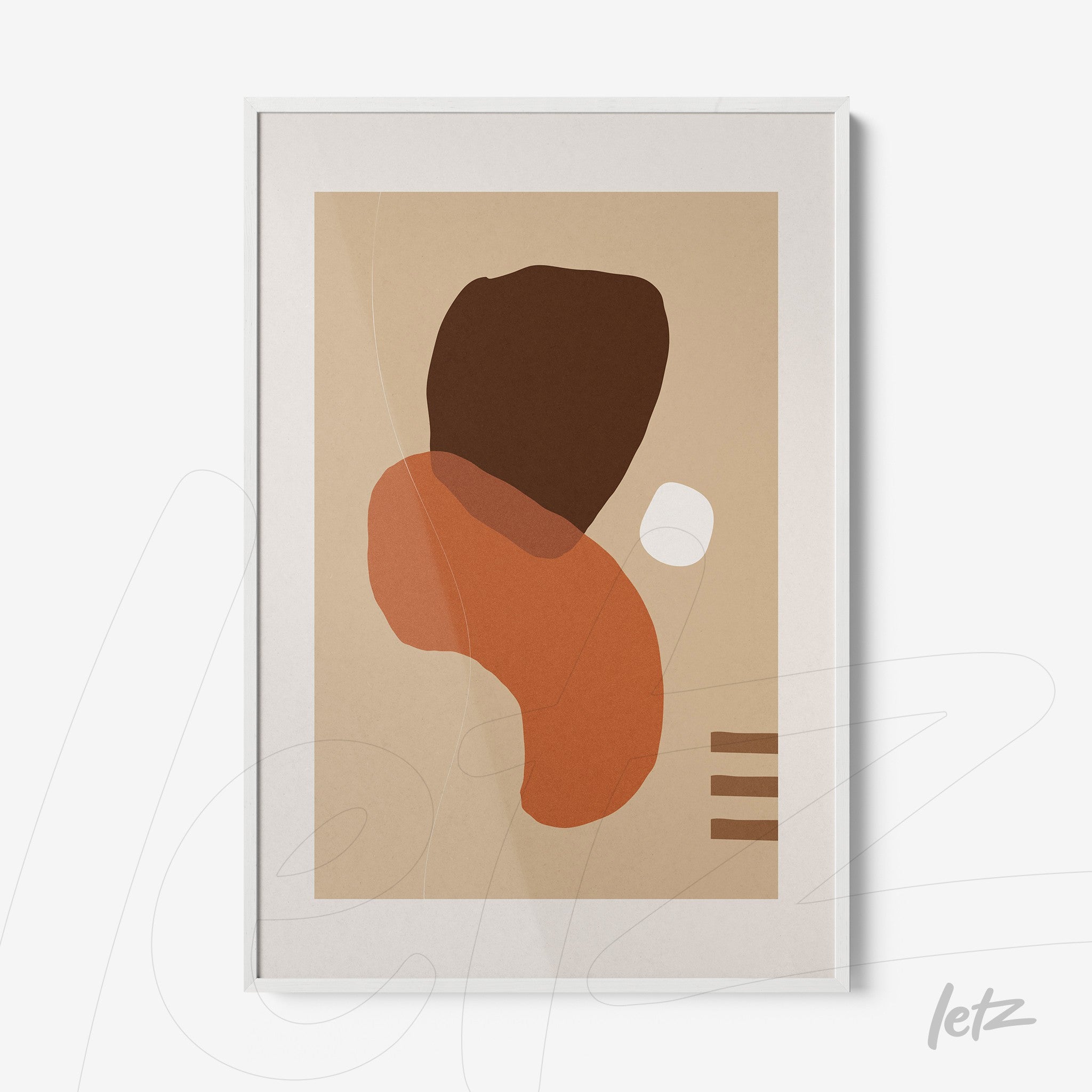 pôster com arte abstrata em tons terrosos e textura minimalista emoldurado em branco exibido sobre parede clara