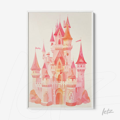 quadro com ilustração de castelo em tons de rosa e laranja, moldura branca