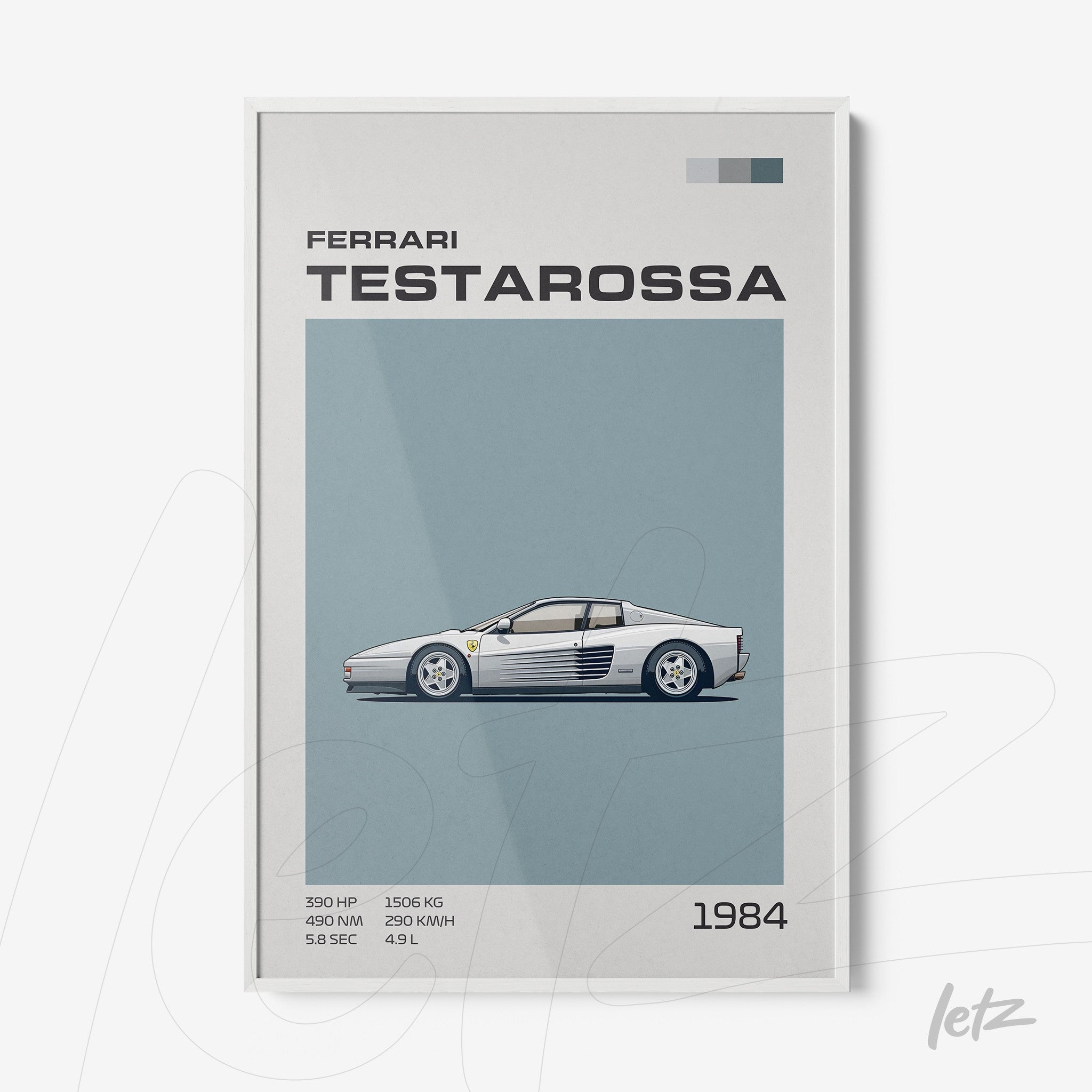 quadro com ilustração retrô de um carro esportivo Ferrari Testarossa em fundo azul claro com moldura branca