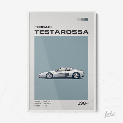 quadro com ilustração retrô de um carro esportivo Ferrari Testarossa em fundo azul claro com moldura branca