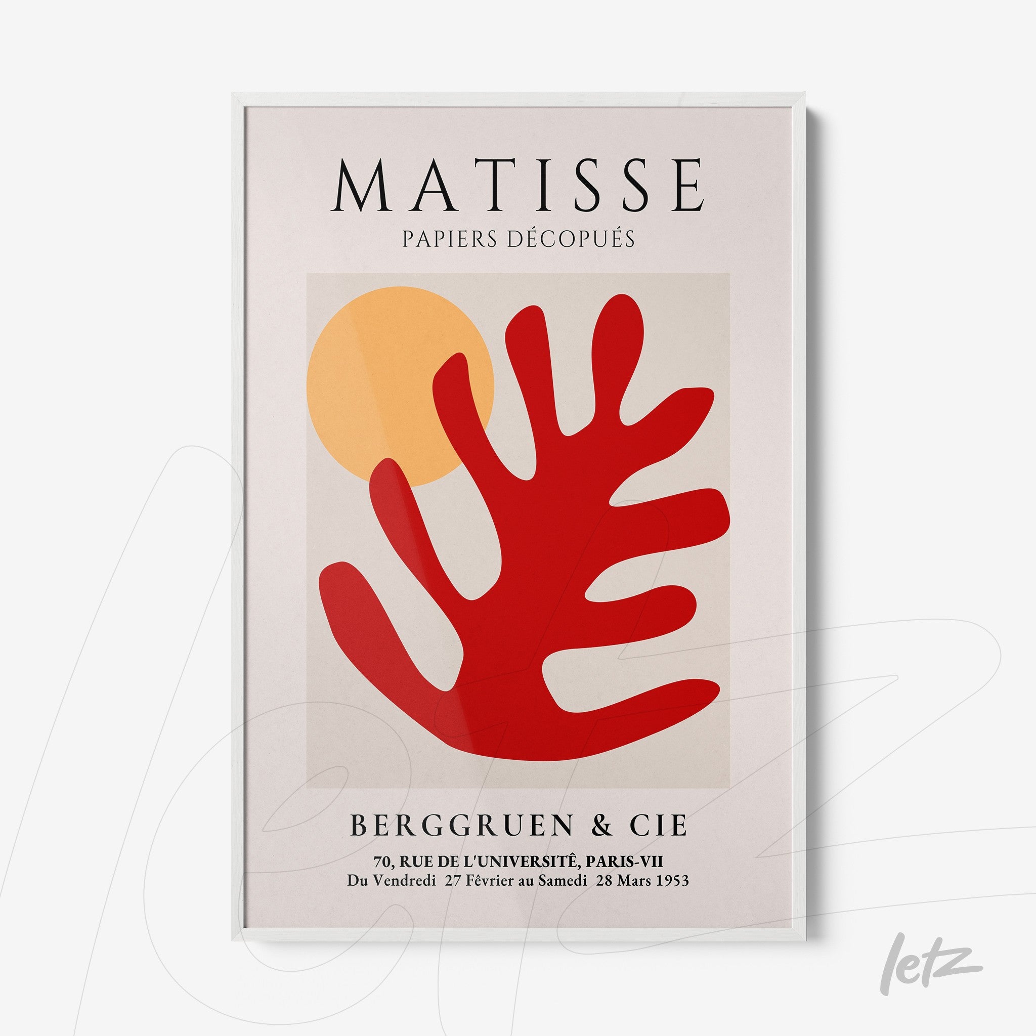 quadro com arte moderna de formas abstratas em tonalidades vermelha e laranja, moldura branca