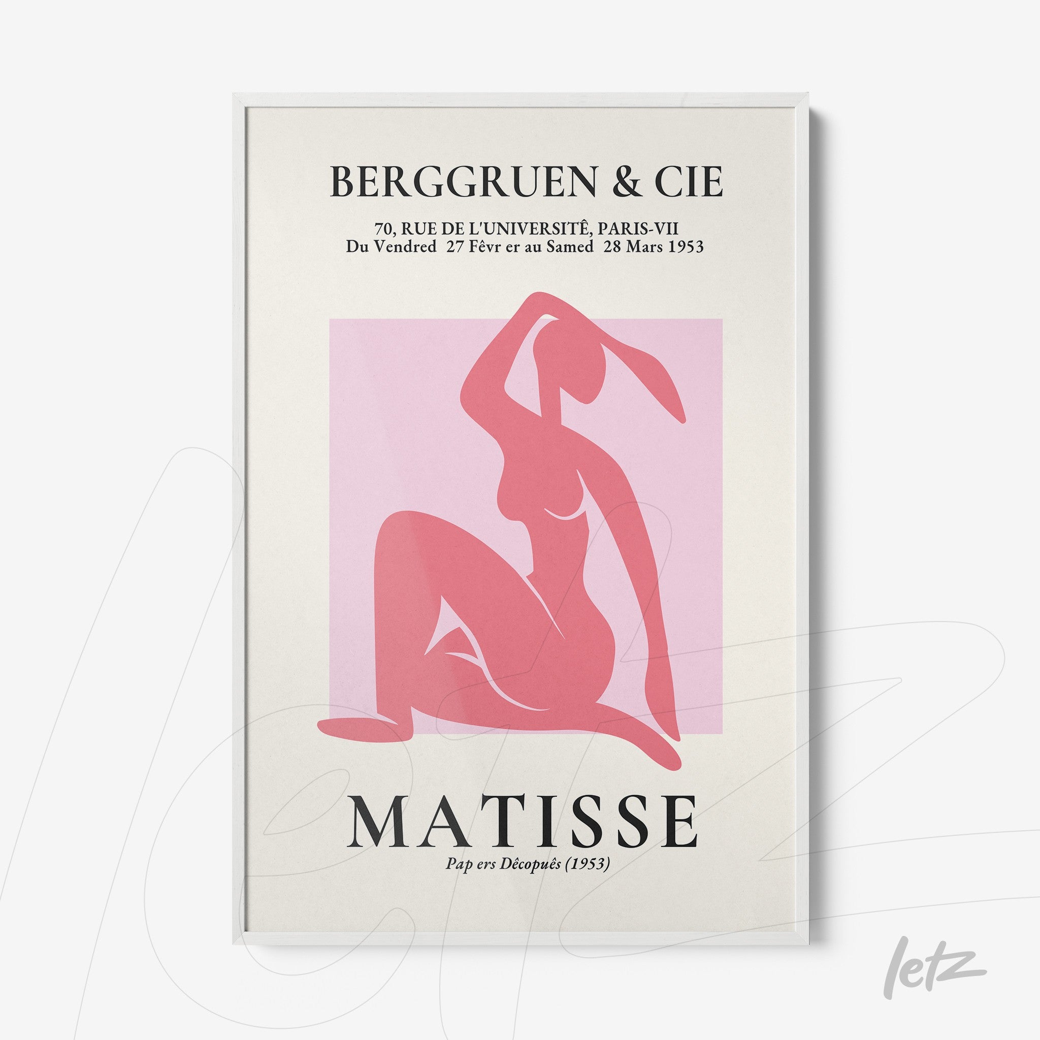 quadro com arte em estilo moderno apresentando uma figura feminina em tons de rosa, texto acima e abaixo em fonte estilizada, moldura branca