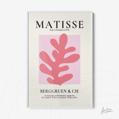 quadro com arte moderna inspirada em Matisse, apresentando formas orgânicas em rosa sobre fundo claro e moldura branca