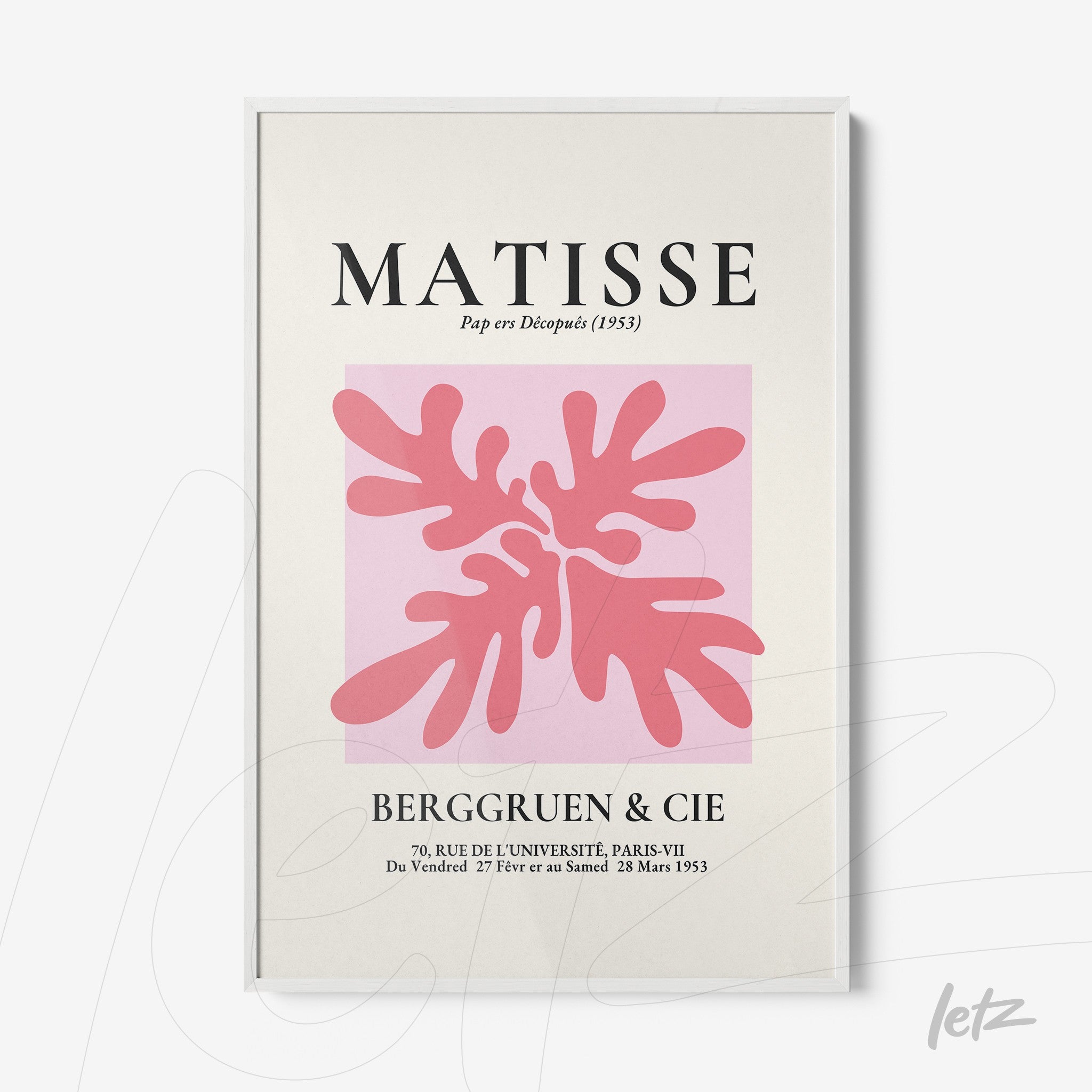 quadro decorativo com arte estilizada em tons de rosa, apresentando formas orgânicas, com o nome 'MATISSE' em letras grandes na parte superior e detalhes em fundo claro