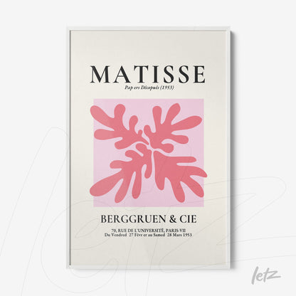 quadro decorativo com arte estilizada em tons de rosa, apresentando formas orgânicas, com o nome 'MATISSE' em letras grandes na parte superior e detalhes em fundo claro