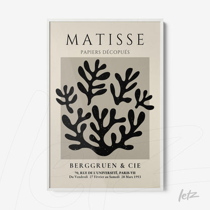 quadro com arte abstrata em tons escuros de elementos naturais em moldura branca, título 'Matisse' em fonte clássica