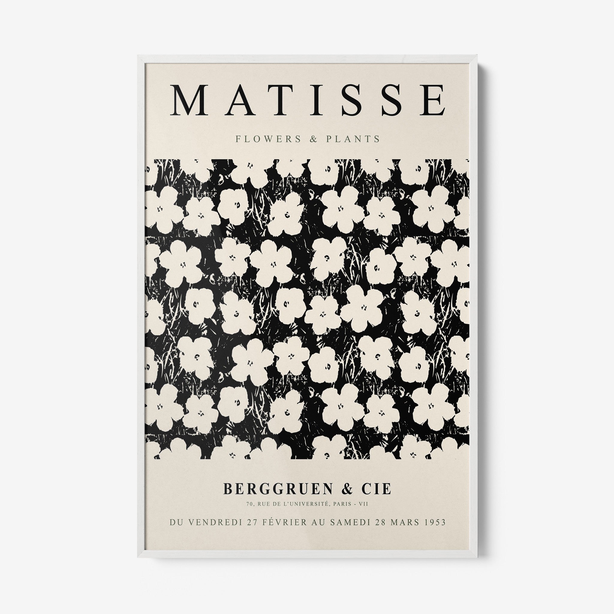 quadro com arte de flores em estilo retrô com fundo preto e moldura branca