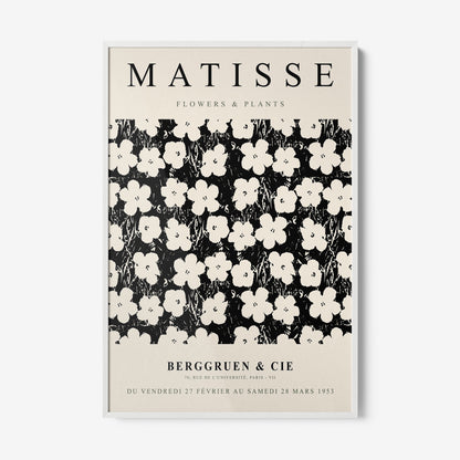 quadro com arte de flores em estilo retrô com fundo preto e moldura branca