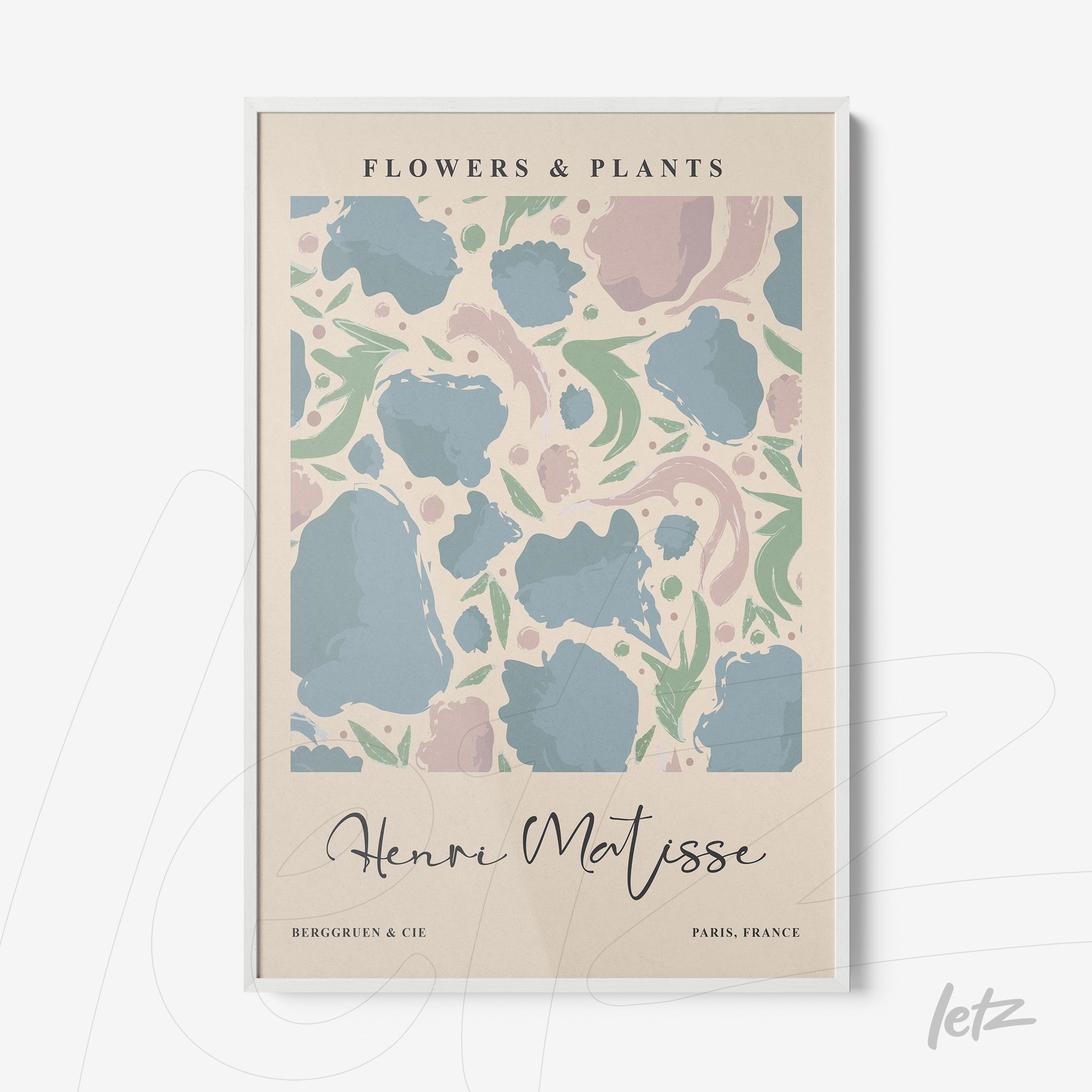 quadro com ilustração de flores em estilo moderno com fundo claro e moldura branca