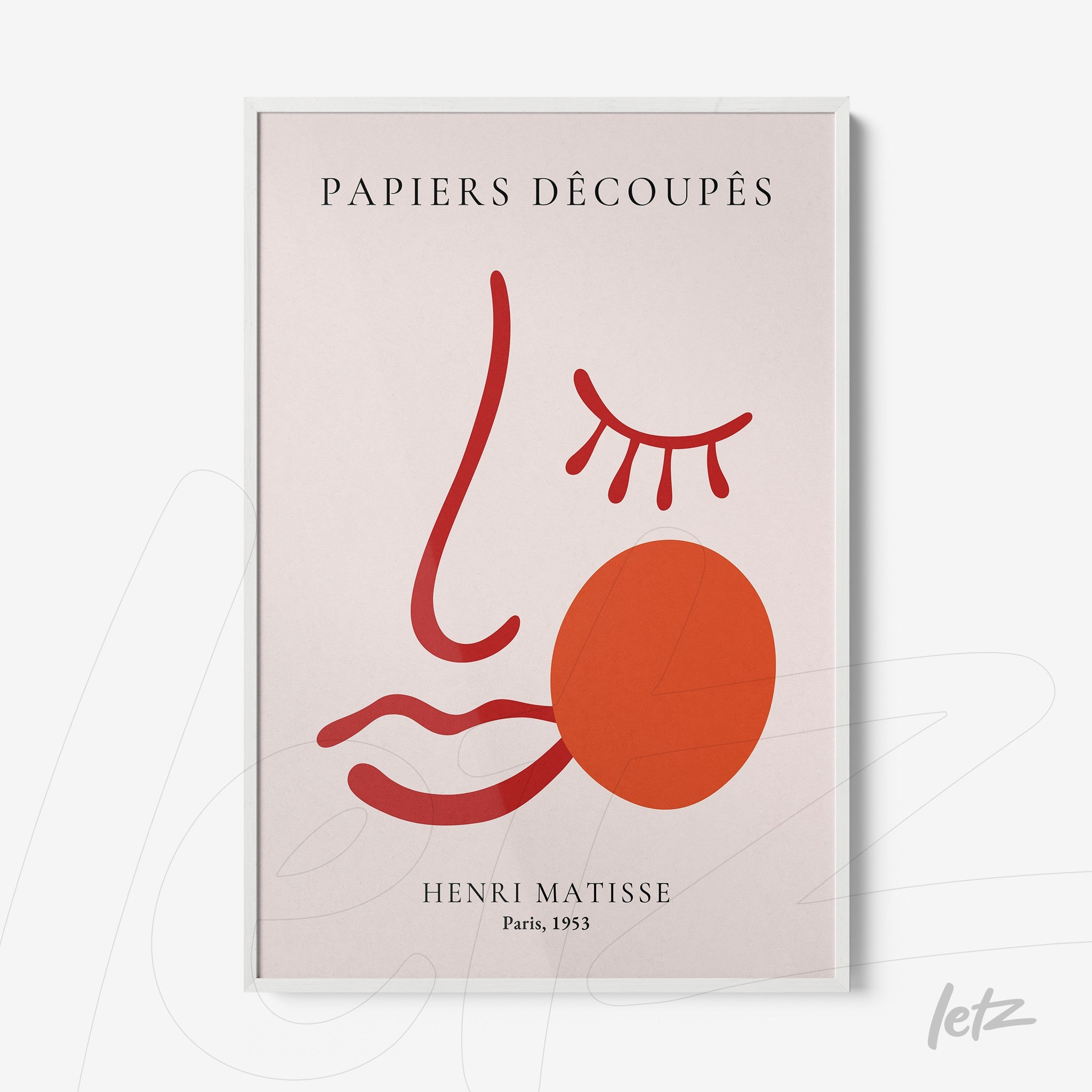 quadro com arte abstrata de rosto com traços em vermelho e fundo claro, moldura branca