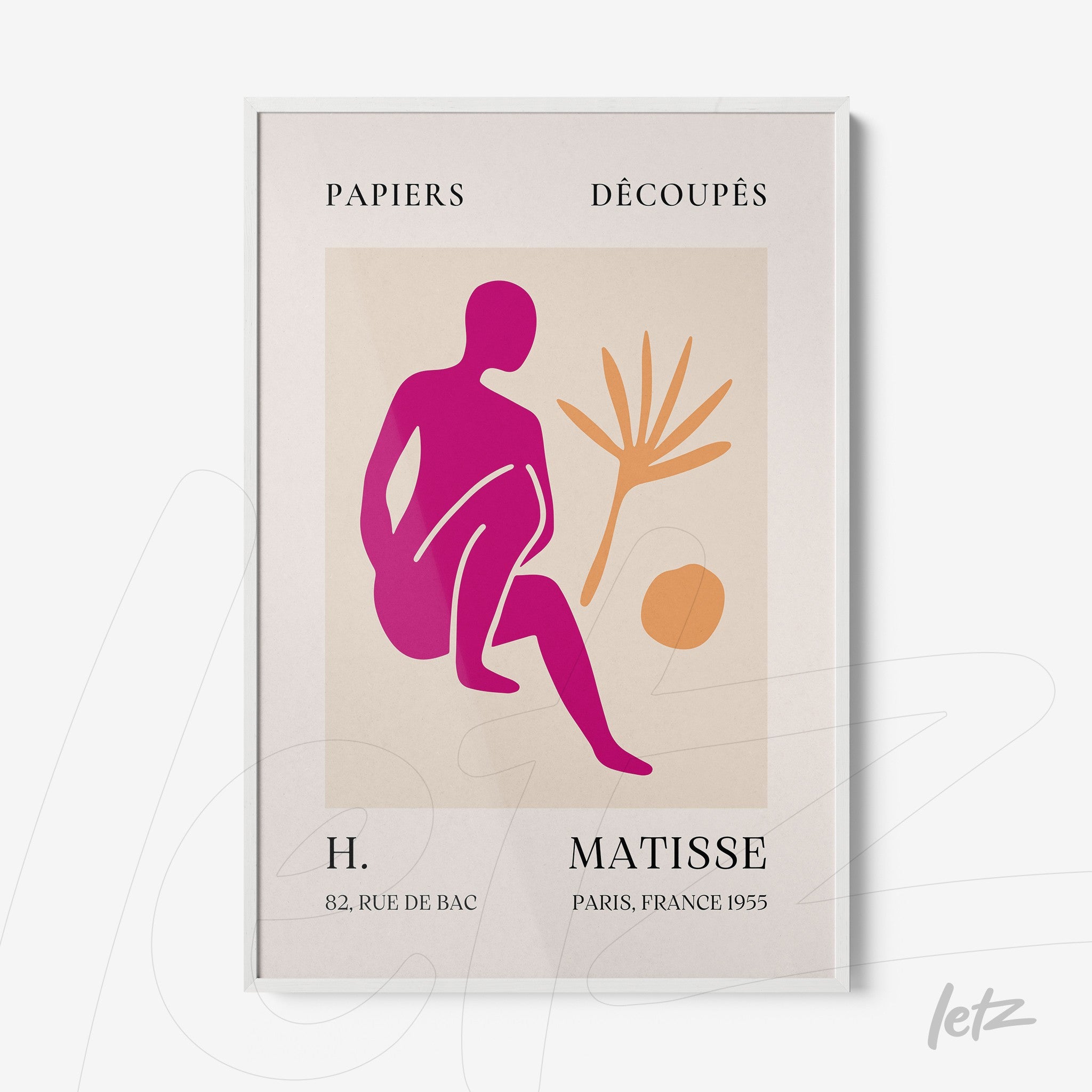 quadro com arte moderna em cores vibrantes representando uma figura sentada ao lado de uma planta, moldura branca