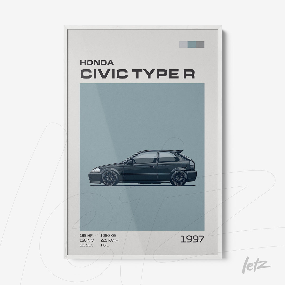 quadro com ilustração do Honda Civic Type R 1997 em moldura branca, destaque para contornos em azul e informações técnicas ao lado