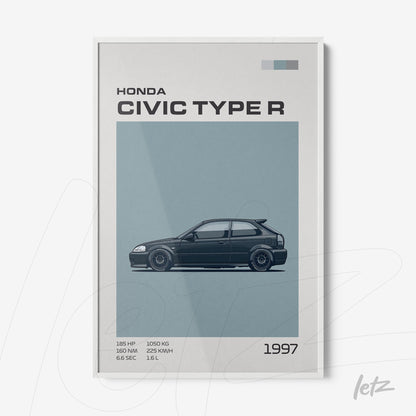 quadro com ilustração do Honda Civic Type R 1997 em moldura branca, destaque para contornos em azul e informações técnicas ao lado