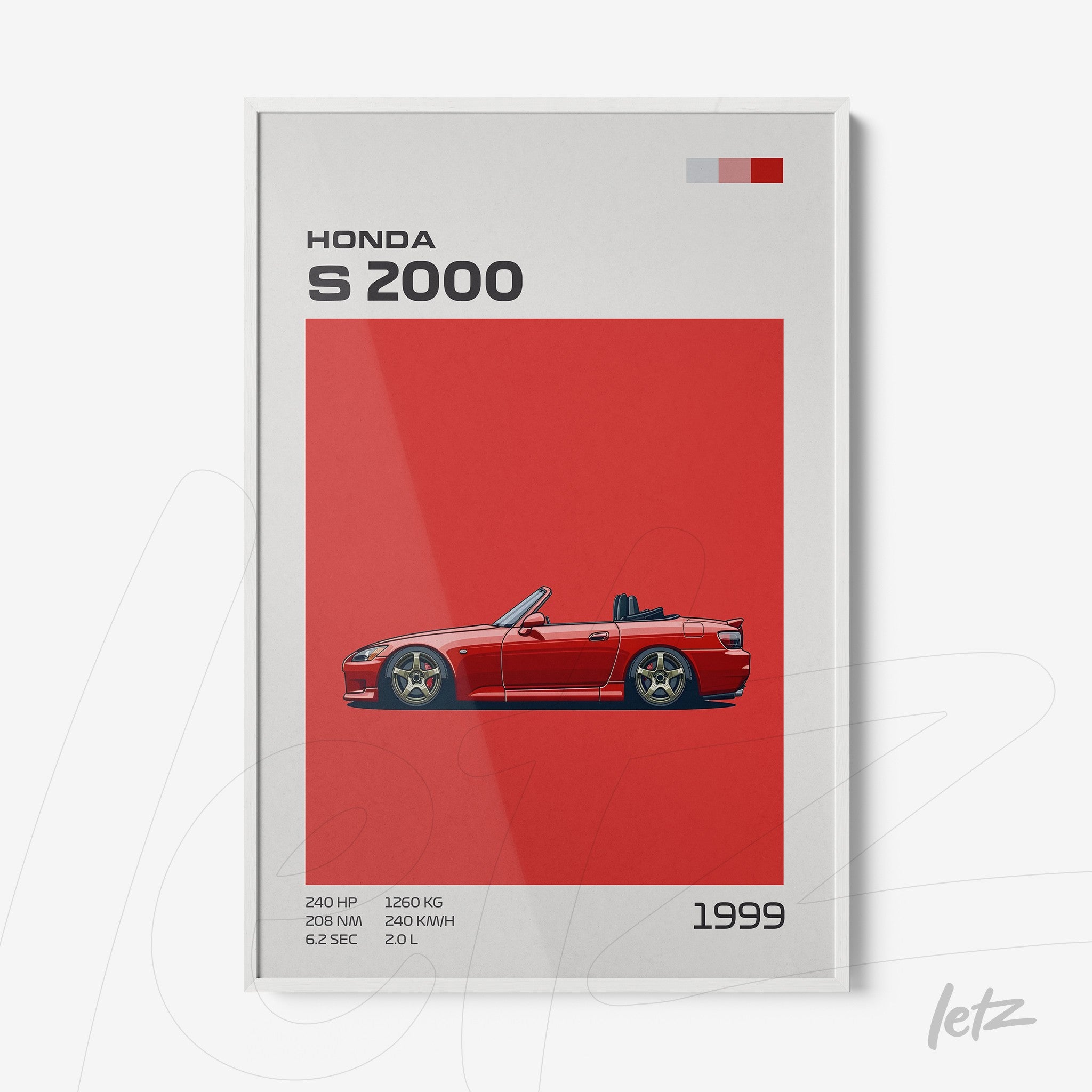 quadro com ilustração do carro Honda S2000 em fundo vermelho, destacando detalhes como potência e ano de fabricação