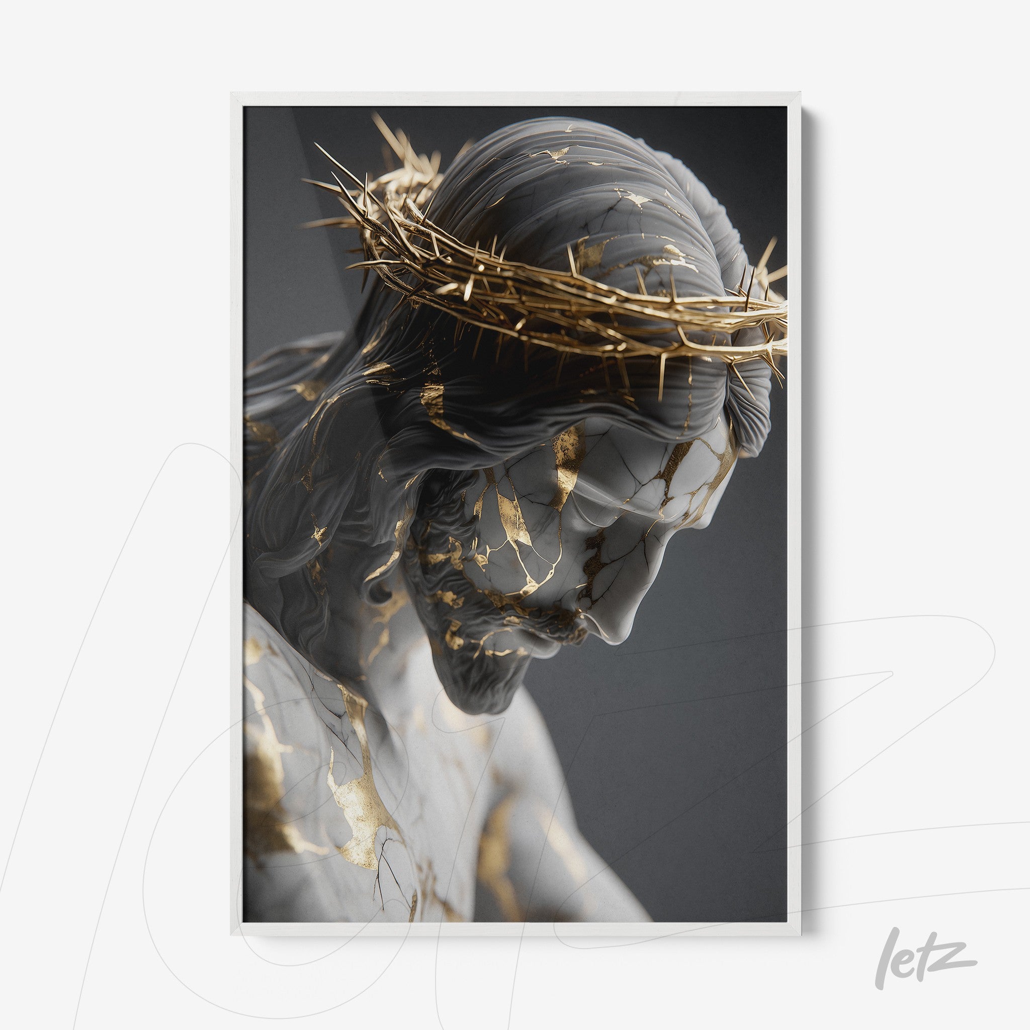 quadro com escultura de Cristo em detalhe, apresentando quebraduras com acabamento dourado e fundo cinza suave