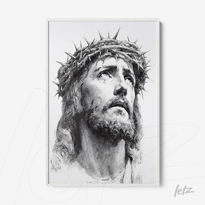 quadro com retrato em preto e branco de Jesus Cristo com coroa de espinhos em moldura branca
