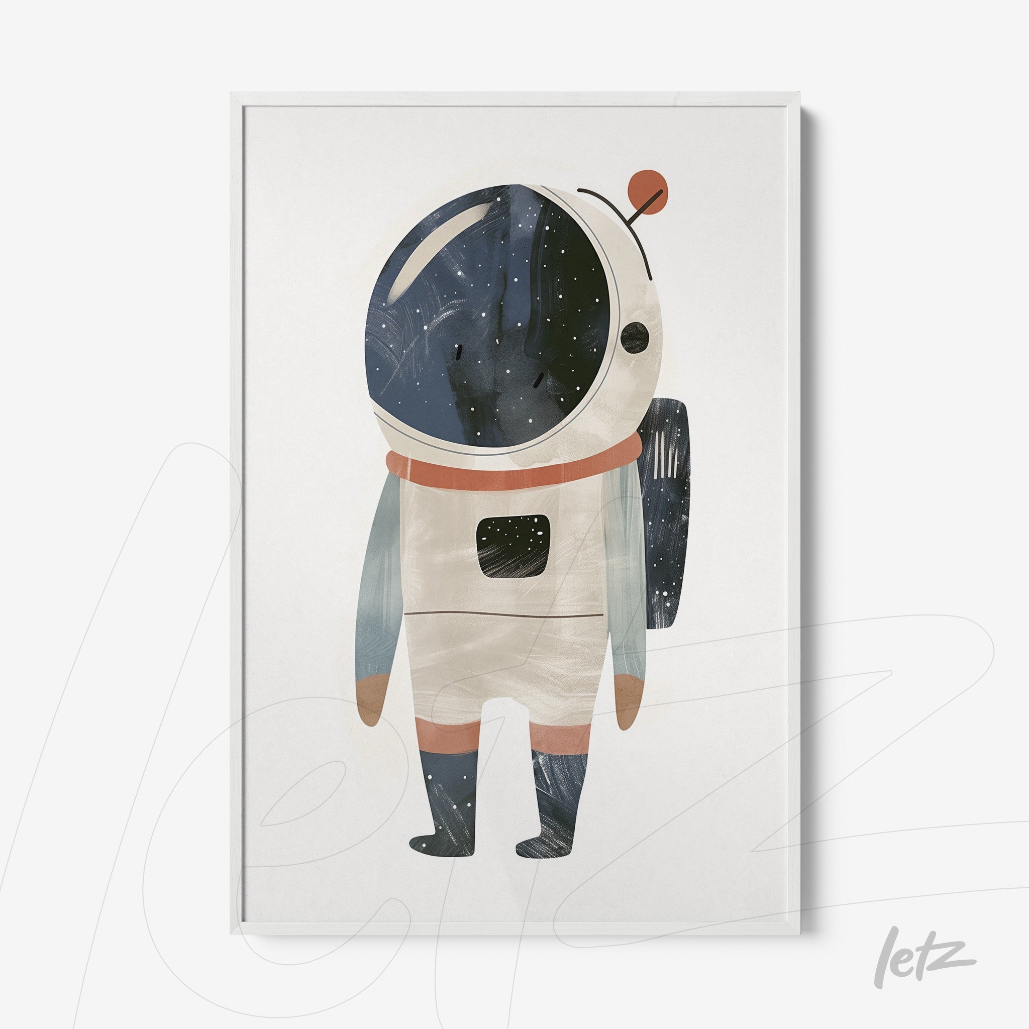 quadro com ilustração de astronauta em estilo lúdico, moldura branca e fundo claro