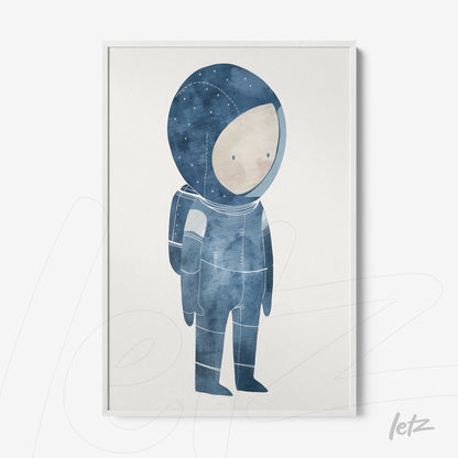 quadro com ilustração de astronauta em tons de azul com fundo claro em moldura branca