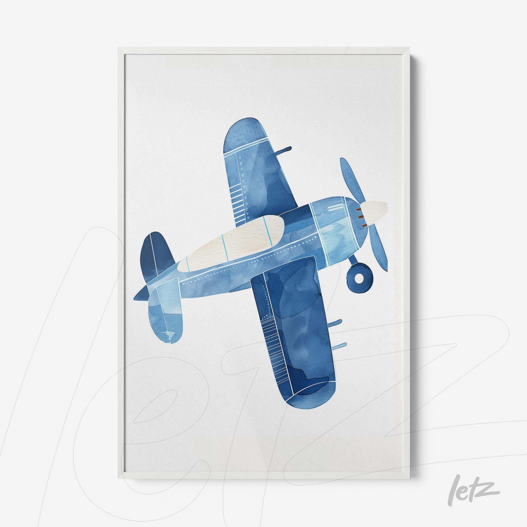 quadro com ilustração em aquarela de um avião azul sobre fundo branco em moldura branca