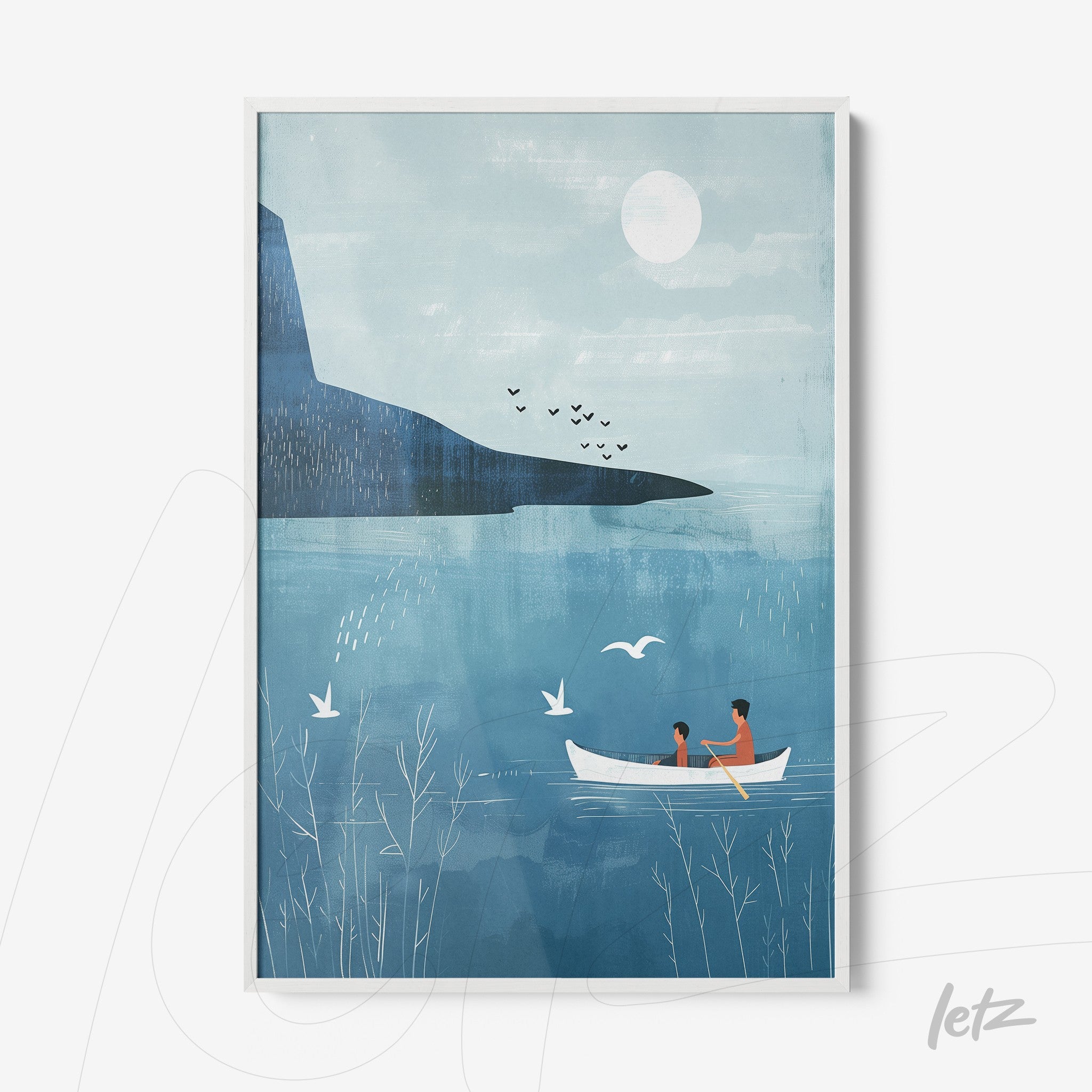 quadro em moldura branca com ilustração minimalista de dois personagens em um barco, com paisagem azul e montanha ao fundo
