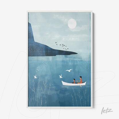 quadro em moldura branca com ilustração minimalista de dois personagens em um barco, com paisagem azul e montanha ao fundo