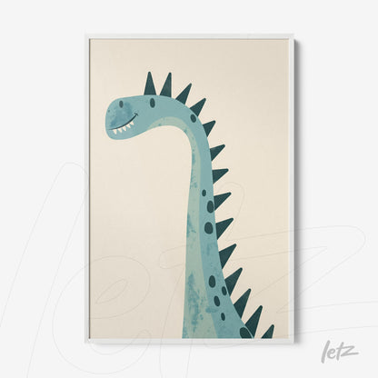 quadro com ilustração de dinossauro em tons de azul e verde com moldura branca