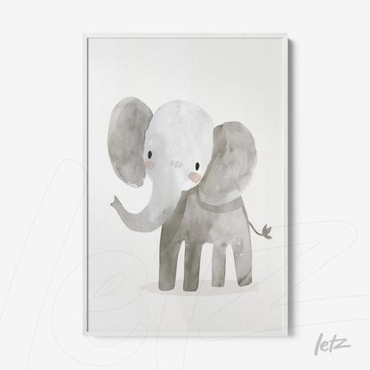 quadro com ilustração de elefante em aquarela com fundo claro e moldura branca