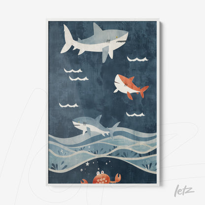 quadro com ilustração lúdica de tubarões nadando em fundo azul, com ondas e um caranguejo detalhe na parte inferior, moldura branca