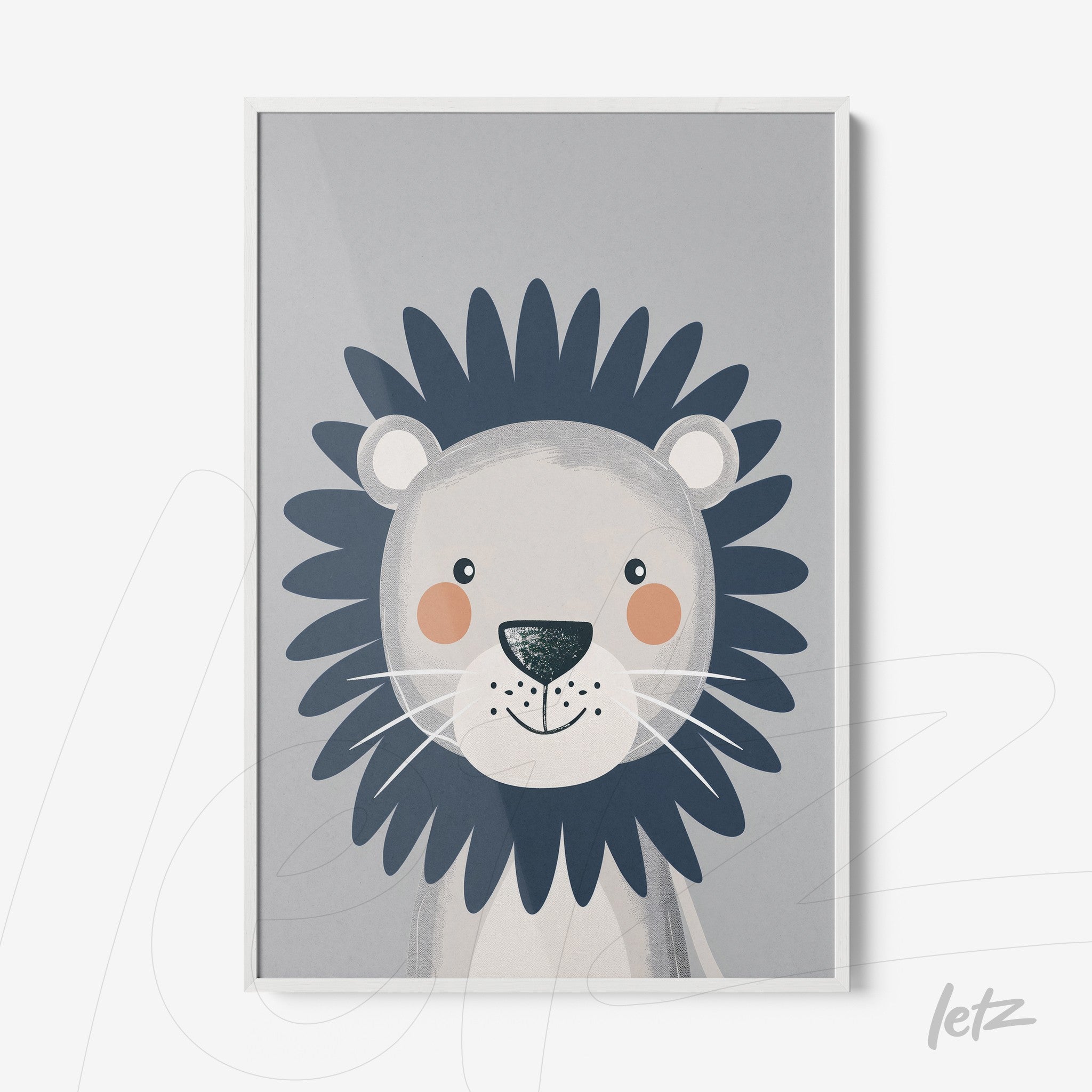 quadro com ilustração de leão em tons suaves, fundo cinza e moldura branca