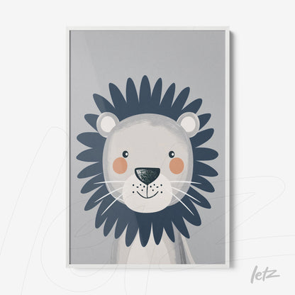 quadro com ilustração de leão em tons suaves, fundo cinza e moldura branca