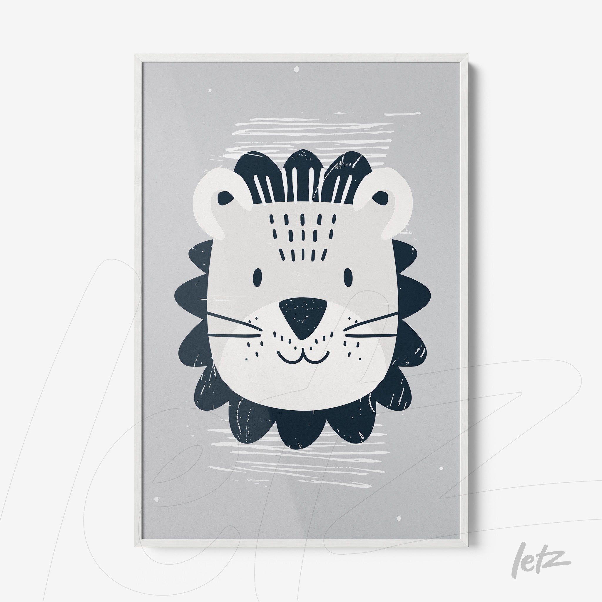 quadro com ilustração moderna de leão em fundo cinza com moldura branca