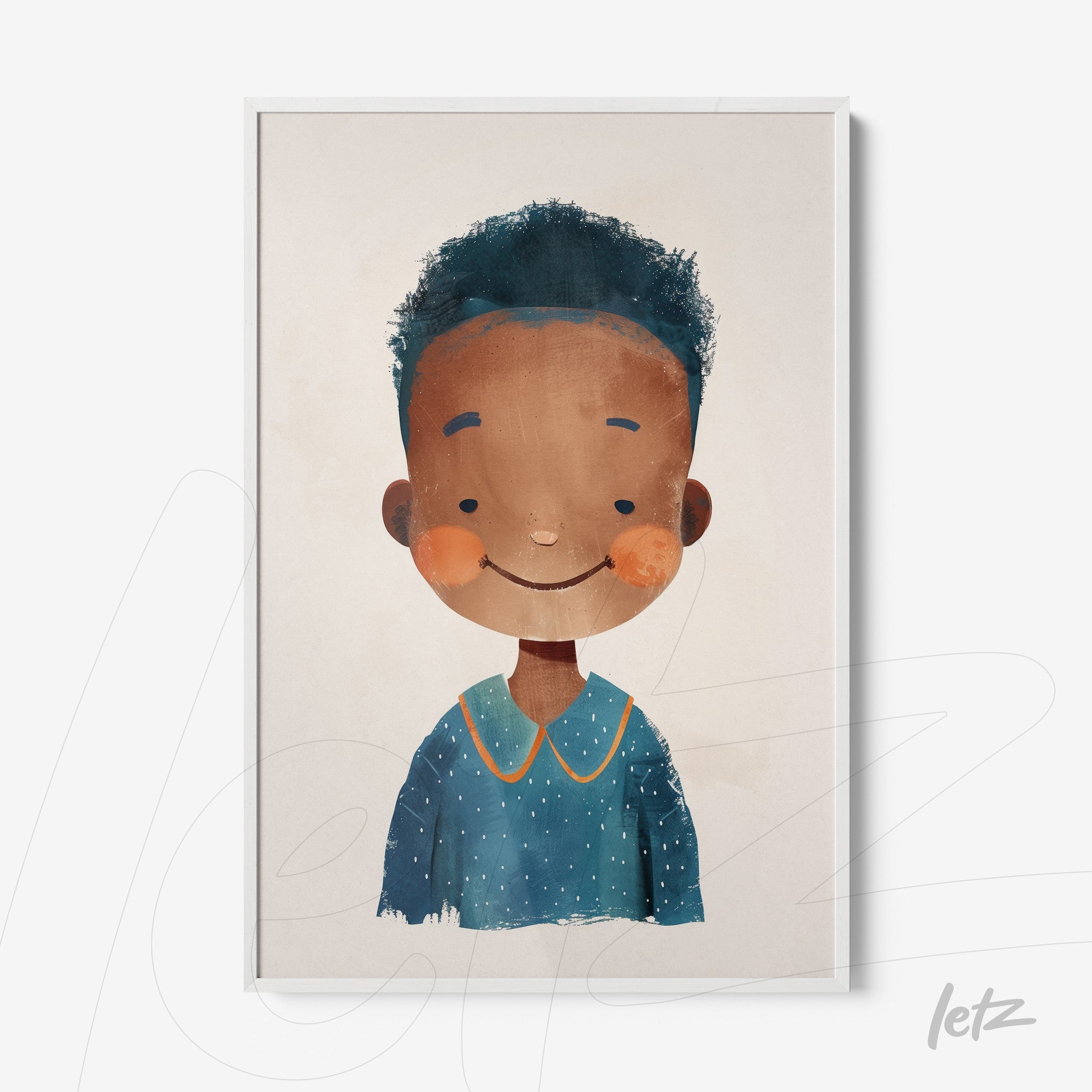 quadro com ilustração infantil de menina com cabelo encaracolado, vestindo blusa azul com pontos brancos, em moldura branca