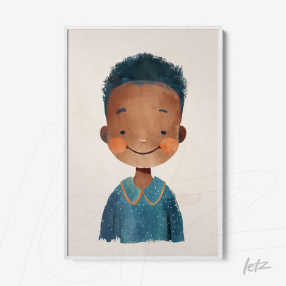 quadro com ilustração infantil de menina com cabelo encaracolado, vestindo blusa azul com pontos brancos, em moldura branca
