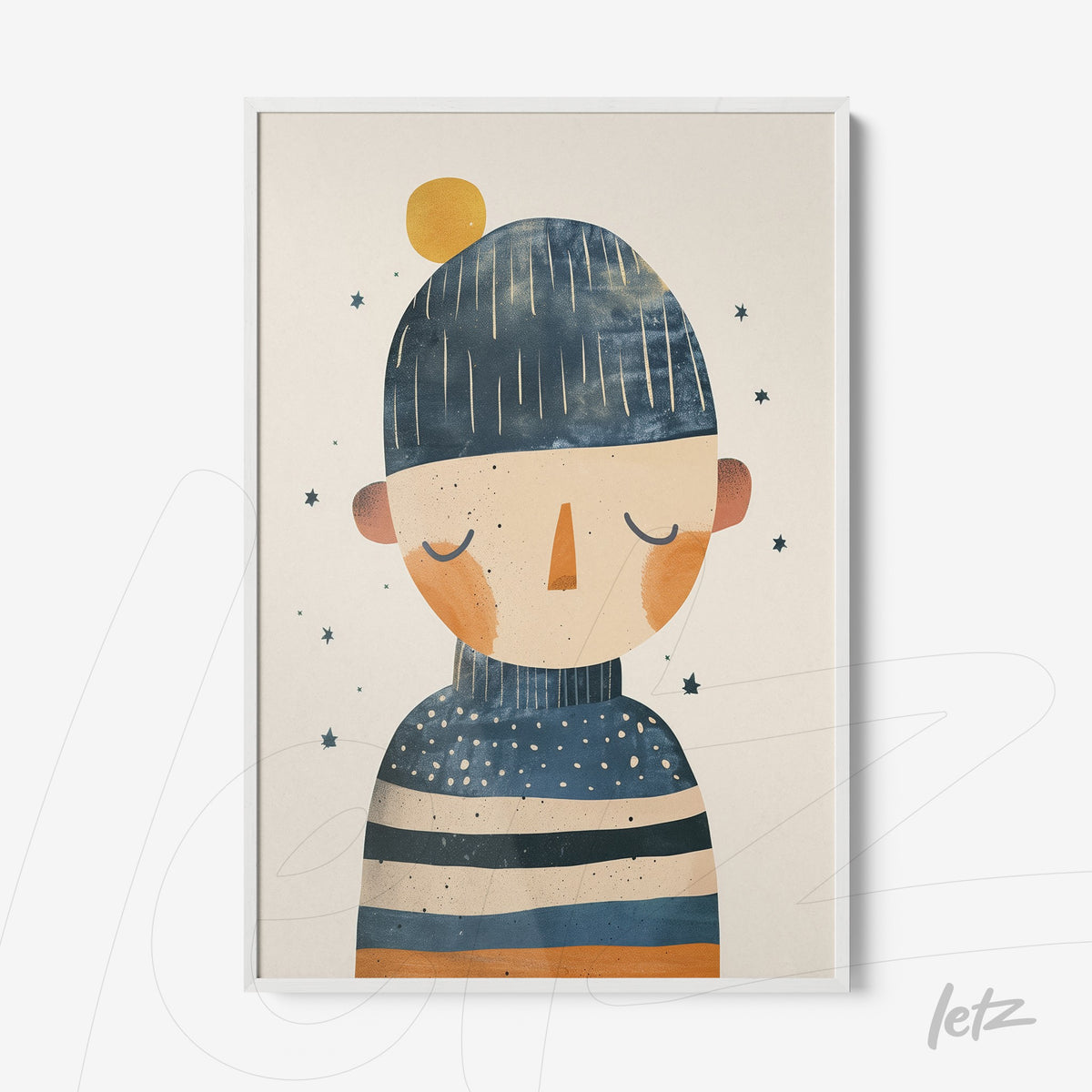 quadro com ilustração de figura masculina com chapéu azul e listras laranja, em moldura branca