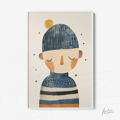 quadro com ilustração de figura masculina com chapéu azul e listras laranja, em moldura branca