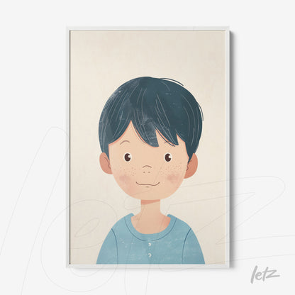 quadro com ilustração infantil de menino sorridente com cabelo escuro e camiseta azul, moldura branca