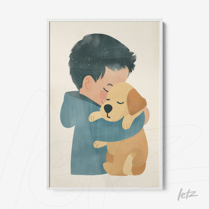 quadro com ilustração de menino abraçando cachorro em moldura branca