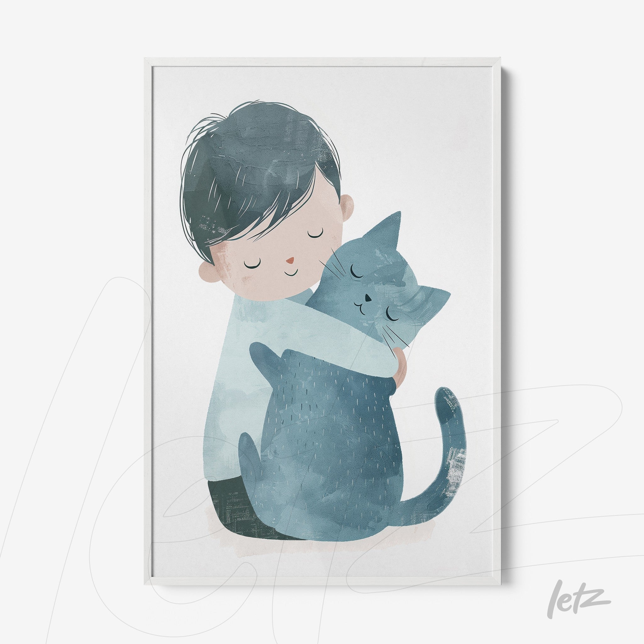 quadro com ilustração suave de menino abraçando gato cinza, moldura branca