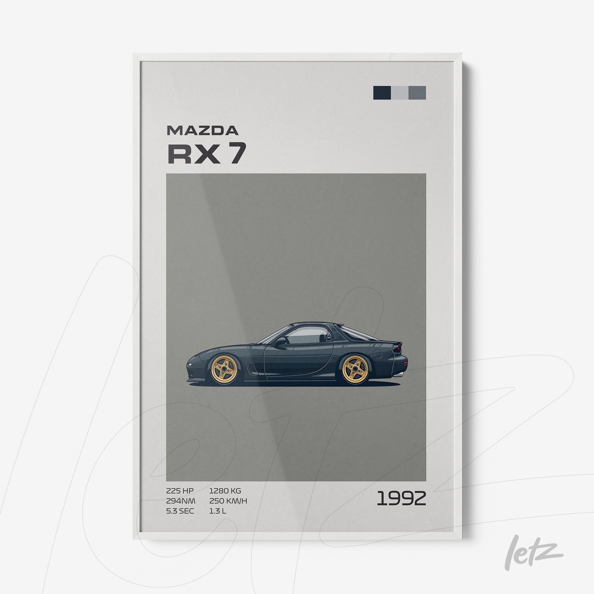 quadro com arte digital do carro Mazda RX 7 de 1992 em moldura branca