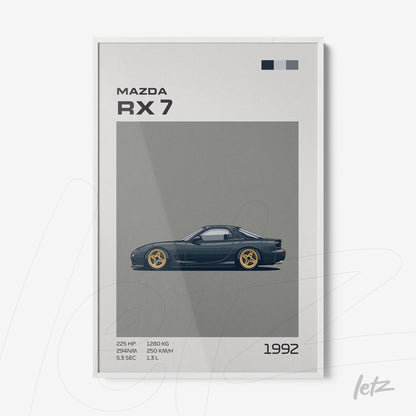 quadro com arte digital do carro Mazda RX 7 de 1992 em moldura branca