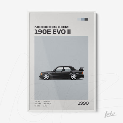 quadro com ilustração estilizada do Mercedes Benz 190E EVO II em moldura branca