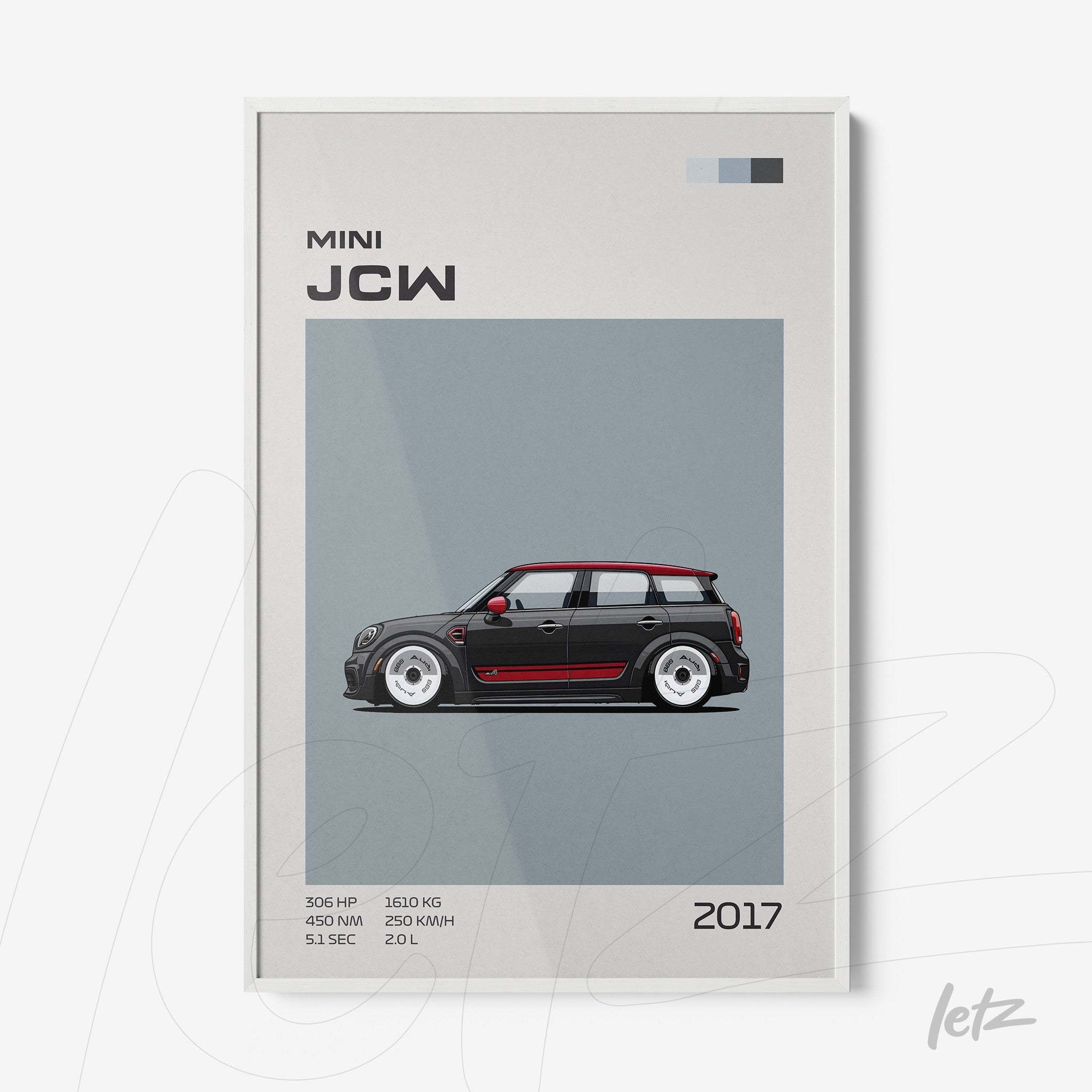 quadro com ilustração de um carro Mini JCW 2017 em fundo cinza e moldura branca