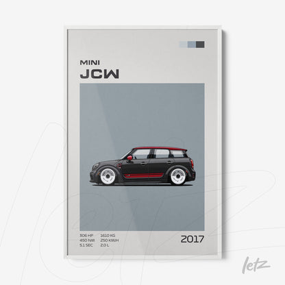 quadro com ilustração de um carro Mini JCW 2017 em fundo cinza e moldura branca