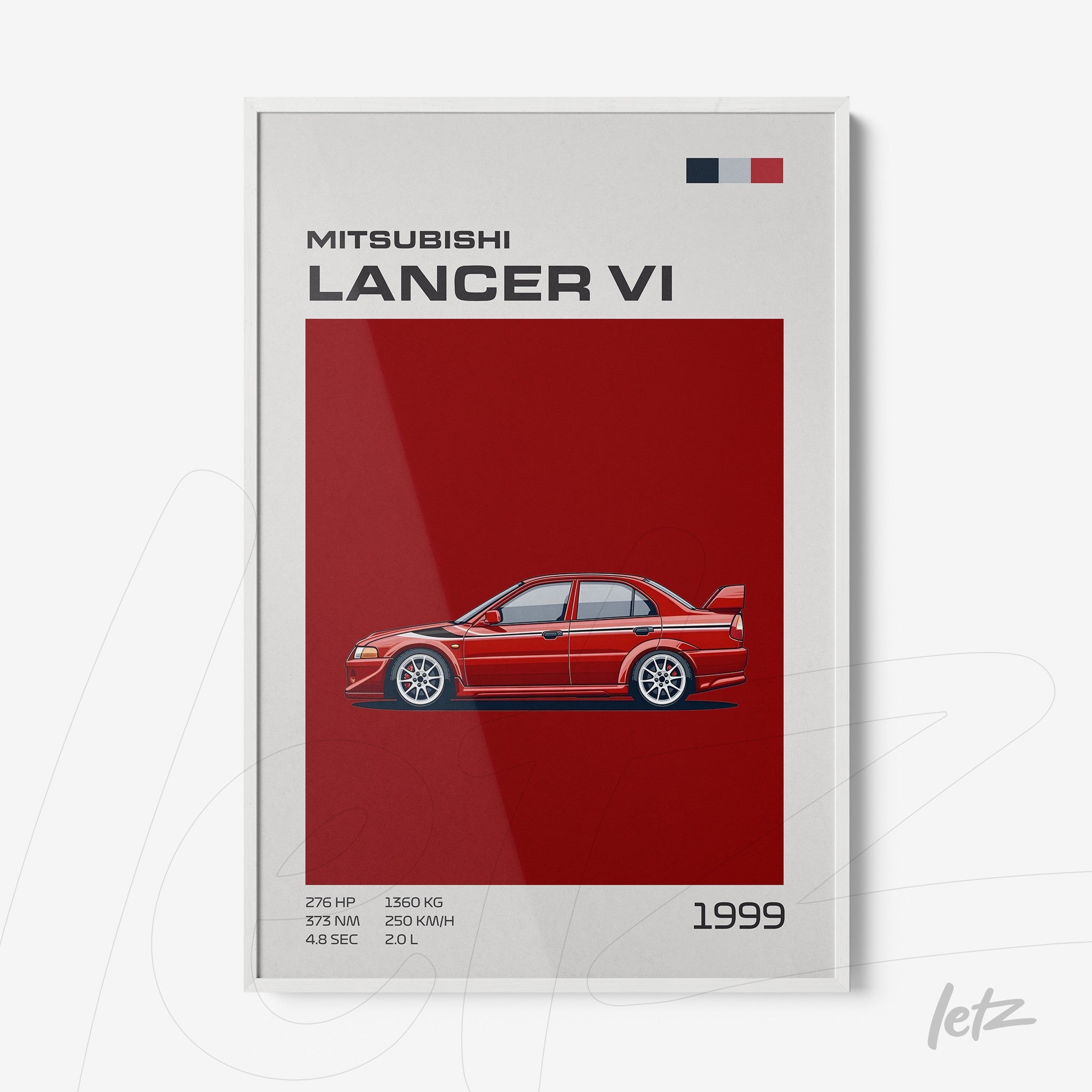 quadro com arte digital do carro Mitsubishi Lancer VI em fundo vermelho e moldura branca