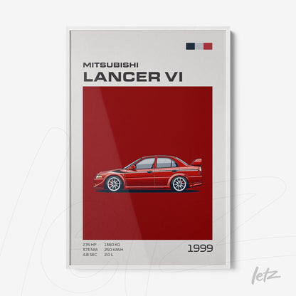 quadro com arte digital do carro Mitsubishi Lancer VI em fundo vermelho e moldura branca