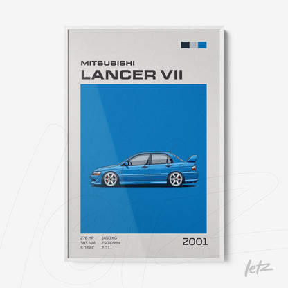 quadro com arte digital do Mitsubishi Lancer VII em fundo azul vibrante com texto informativo