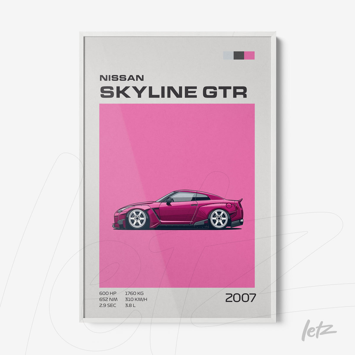 quadro com ilustração do carro Nissan Skyline GTR em fundo rosa e moldura branca
